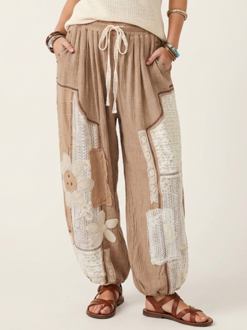 "The Peyton" Boho Crochet Patchwork Wide-Leg Pants - Beige